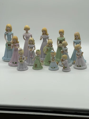 VTG ENESCO 1981GROWING UP GIRLS BIRTHDAY FIGURINES SET of 14 (Age 1-14)EXC COND