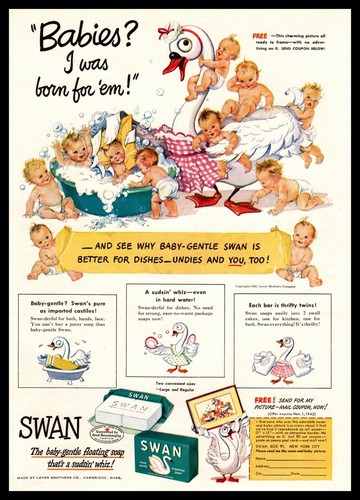 1942 Schwan Seife Cartoon Babys spielen im Sudsy Schwimmbad Vintage Druck Anzeige