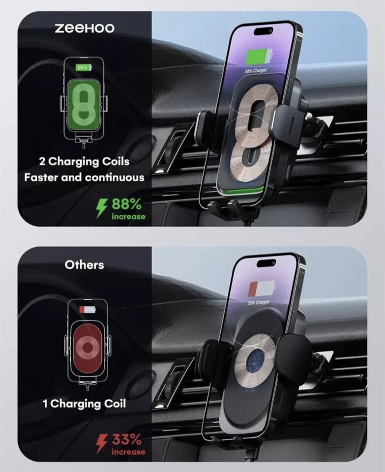 ZeeHoo 15W Fast Wireless Car Charger Power Grip CC70 Black Suction Cup Vent Moun - Image 2 of 4
