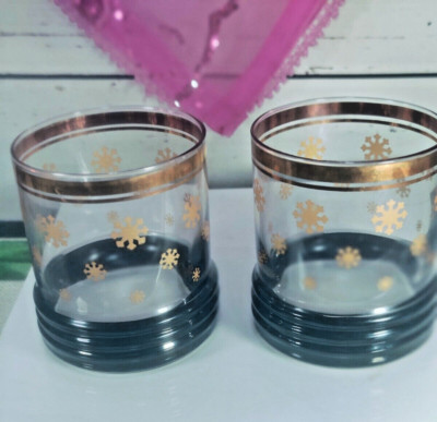 VIntage MCM Gold Snowflake Low Ball Bar Glasses Set of Two
