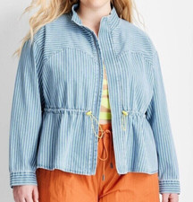 Future Collective Women's Plus Size Peplum Denim Jacket Blue Stripe 4x