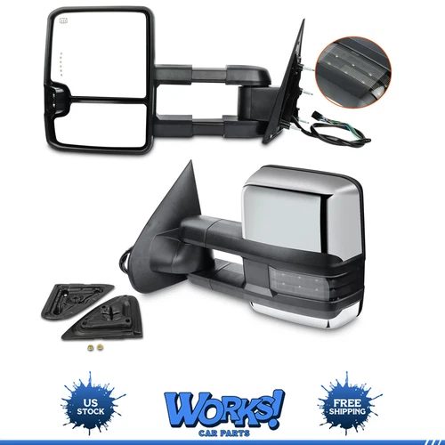 Chrome Power Heated Signals For 14-18 Silverado Sierra Side View Tow Mirrors