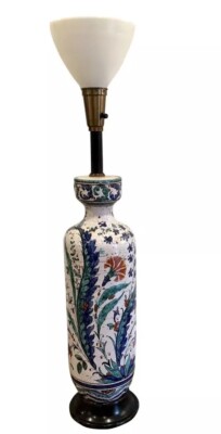 Early 20th Century Iznik Turkish Pottery Tall Urn Lamp Hand Painted Ceramic