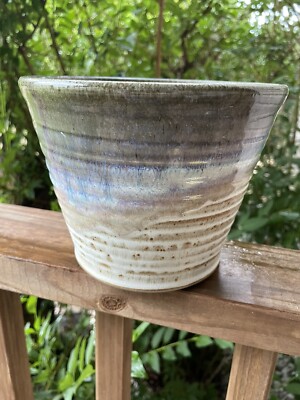 Multi Color Drip Glaze Art Pottery Flower Pot-ribbed, Initialed On Bottom