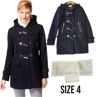 Michael Kors Wool Duffle Coat Hooded Toggle Jacket Navy Size 4