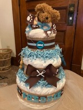 DIAPER CAKE--BLUE, PUPPY THEME, BABY SHOWER, TABLE CENTERPIECE, GIFT