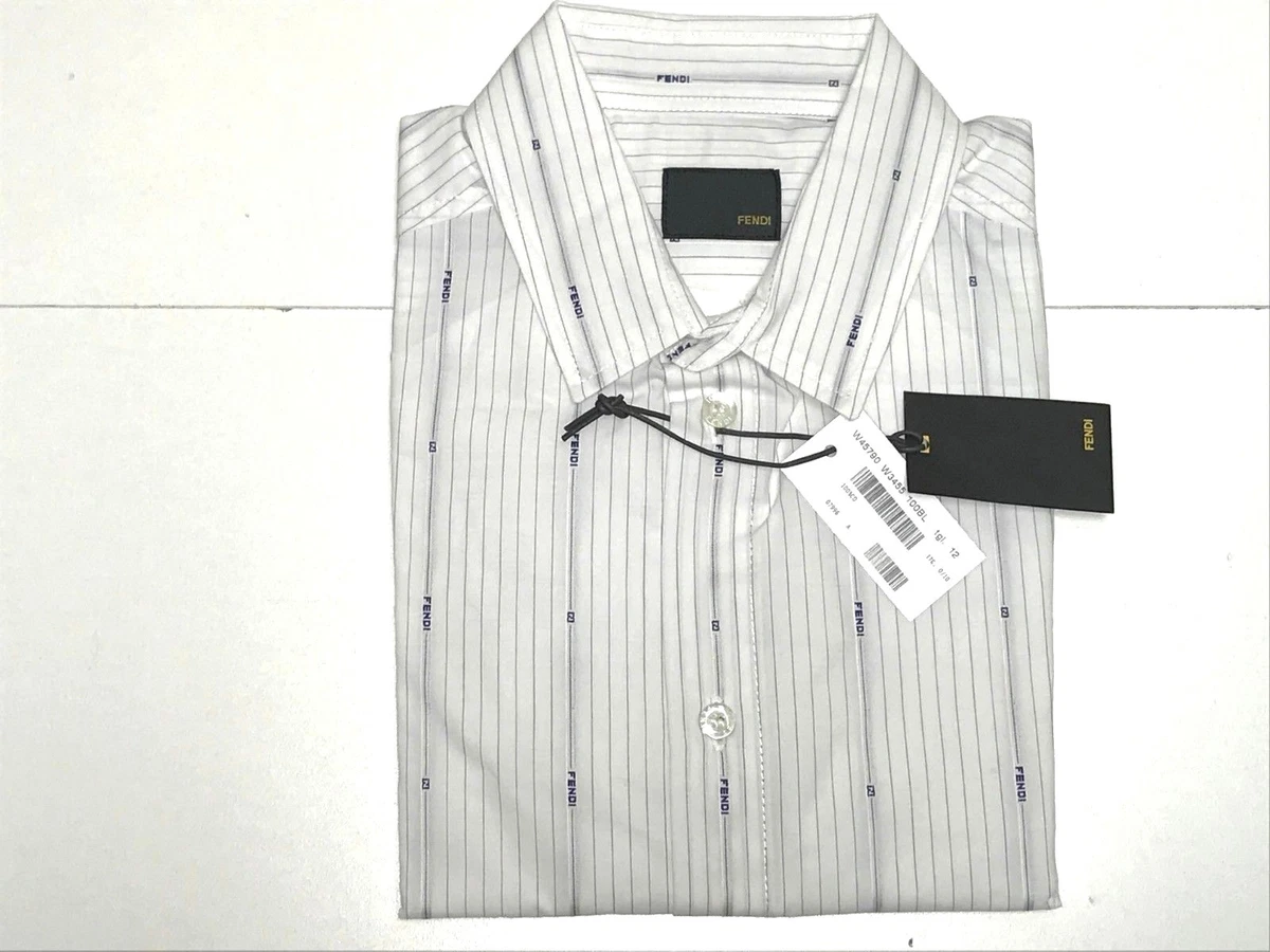 FENDI New Boys Kids COTTON BUTTON DOWN SHIRT w LOGO STRIPES Sz 10