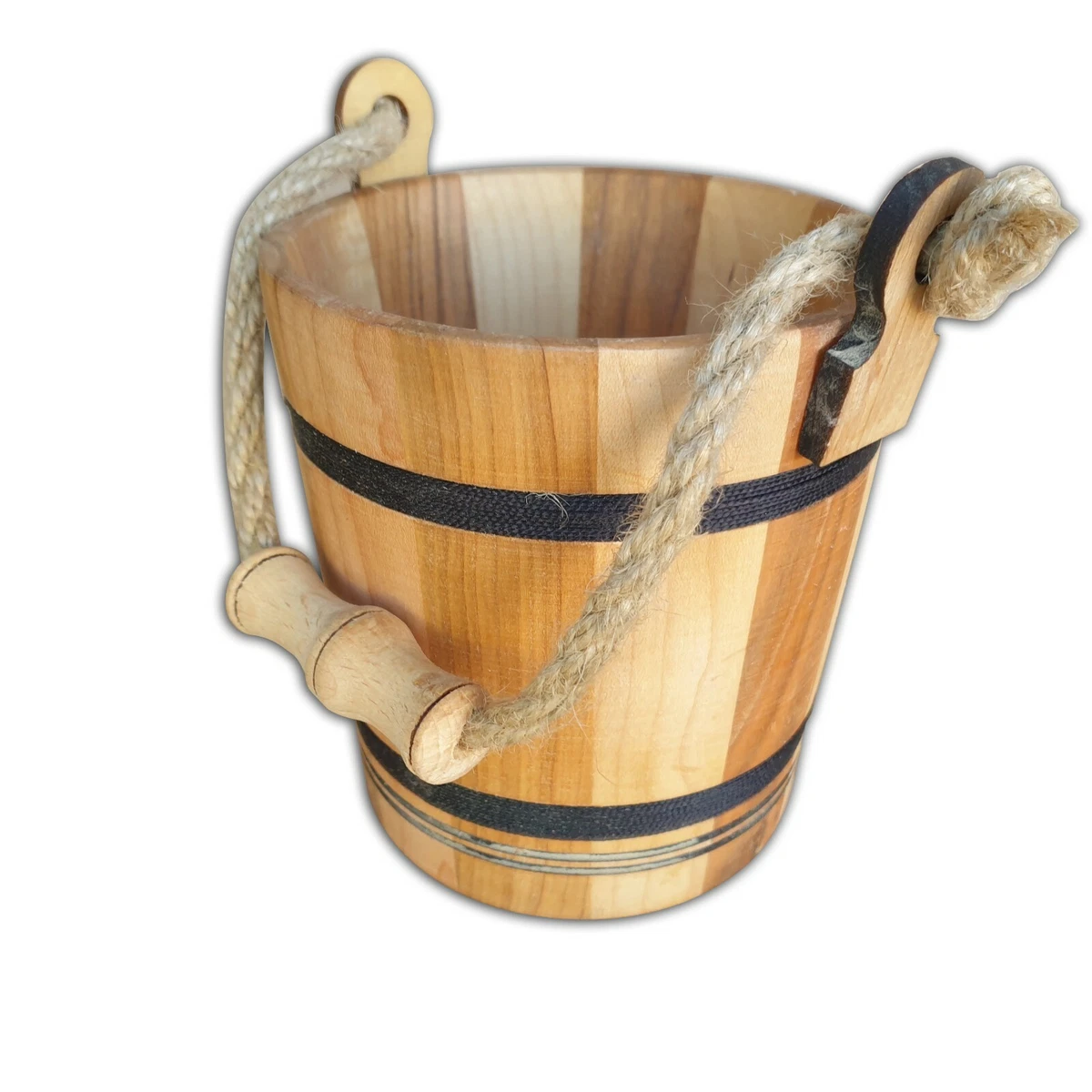 WOODEN BUCKET IN DIAMETER 15 CM WITH CORD AS A HANDLE