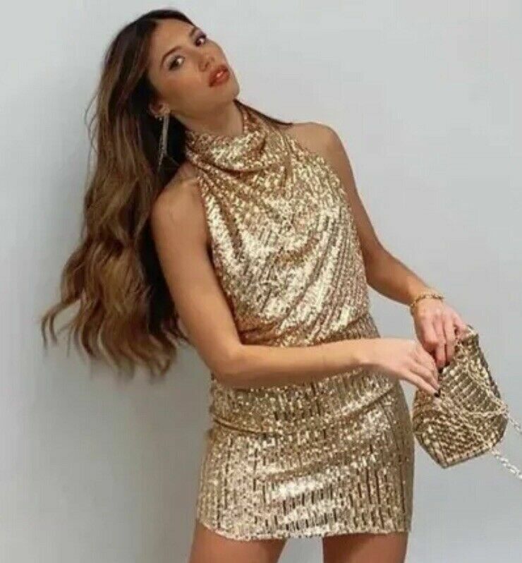 ZARA NEW WOMAN SHORT SEQUIN DRESS HALTER GOLDEN XS-XL 9588