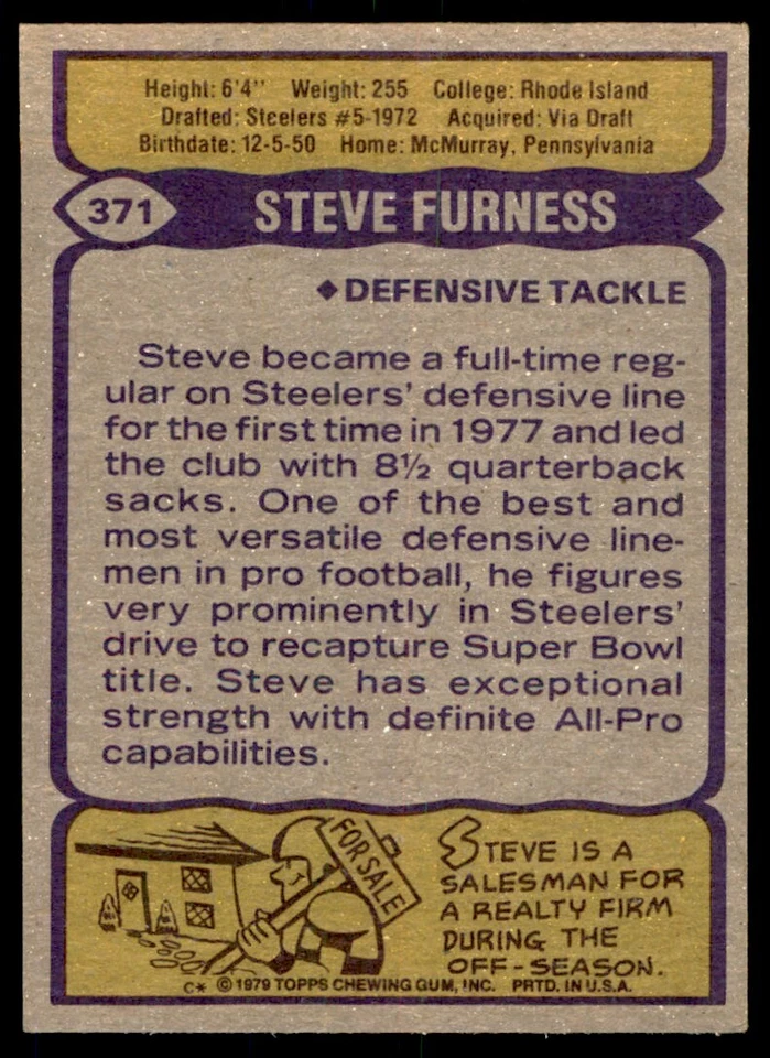 1979 TOPPS STEVE FURNESS . PITTSBURGH STEELERS #371 - Image 2 of 2