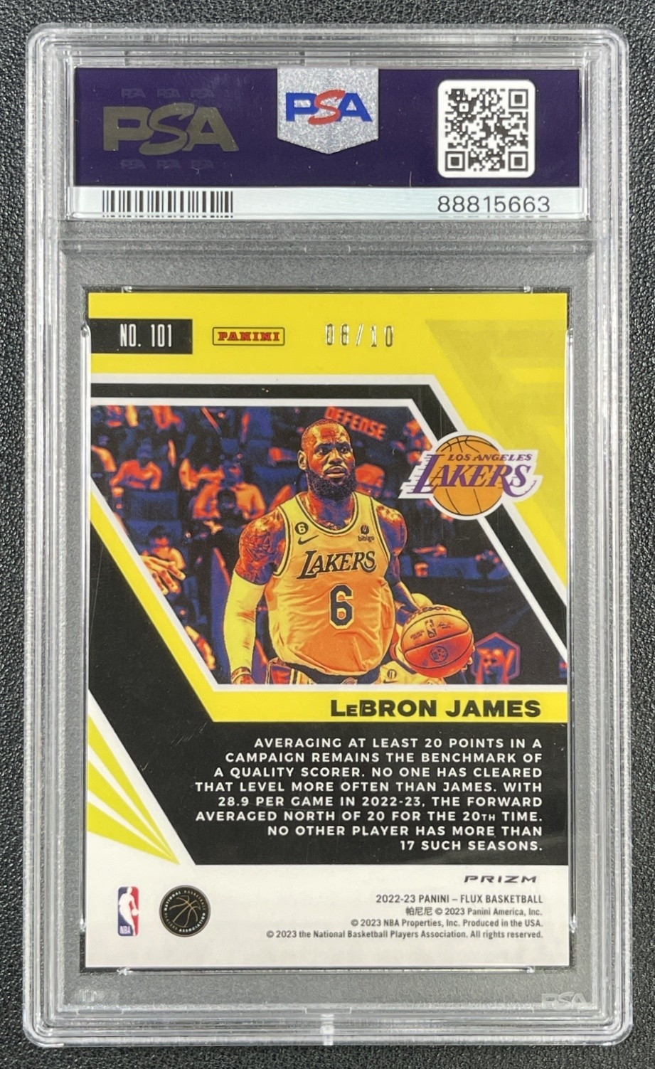LEBRON JAMES PSA 10 2022-23 PANINI FLUX #101 GOLD PRIZM 08/10 LAKERS view 2