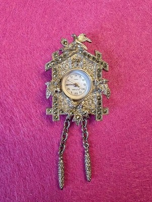 Swiss Cuckoo Clock Watch Marcasite FUTURA Vintage Pin Brooch Silver J-342