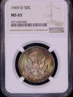 1969 D Kennedy Half Dollar NGC MS65, Toned, Reverse Mounted, FREE SHIPPING