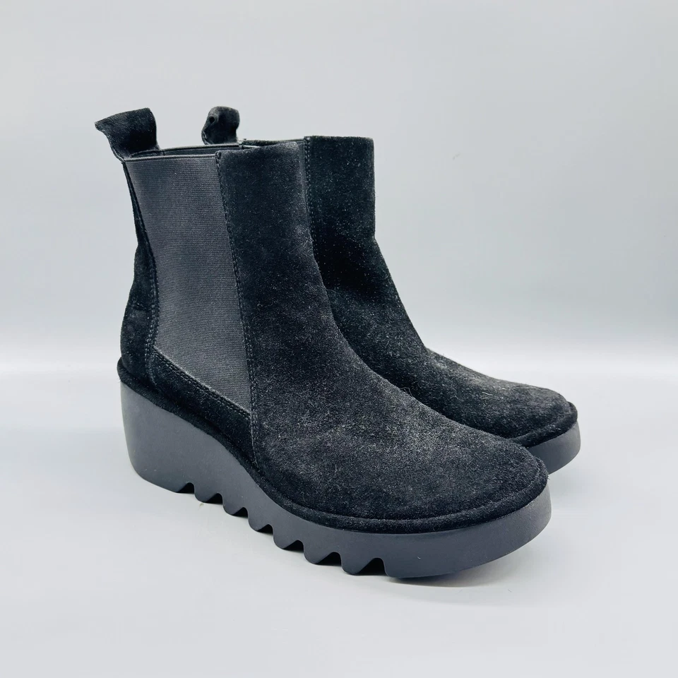 Fly London Botas Mujer 10 Negro Gamuza Bagu Chelsea Cuña Plataforma Tobillo Pull On Foto 2 de 4
