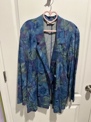 Ellen Figg Vintage Floral Button Up Jacket Size 12 Blue Long Sleeve