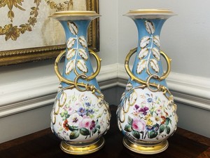 Pr 19c "Old Paris" or "Vieux Bruxelles" porcelain vases Sevres ? with Stands