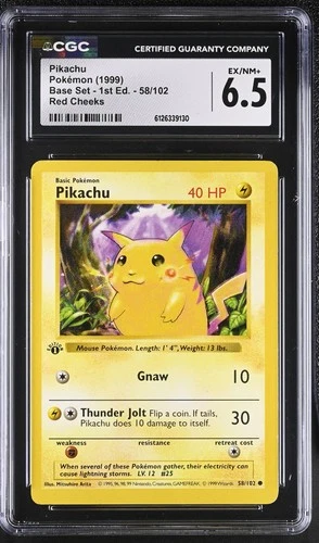CGC 6.5 Pikachu 58/102 Red Cheeks Base Set 1st Edition Shadowless Pokemon Card