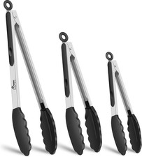 Hotec Premium Stainless Steel Locking Kitchen Tongs with Silicon Tips, Set of 3-