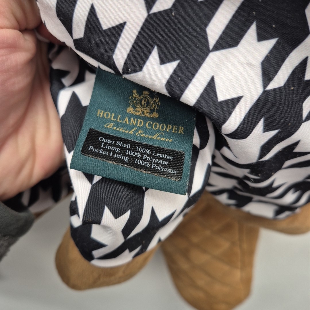 Holland Cooper Brown Soft Suede Leather Country Biker Houndstooth Jacket Uk 12