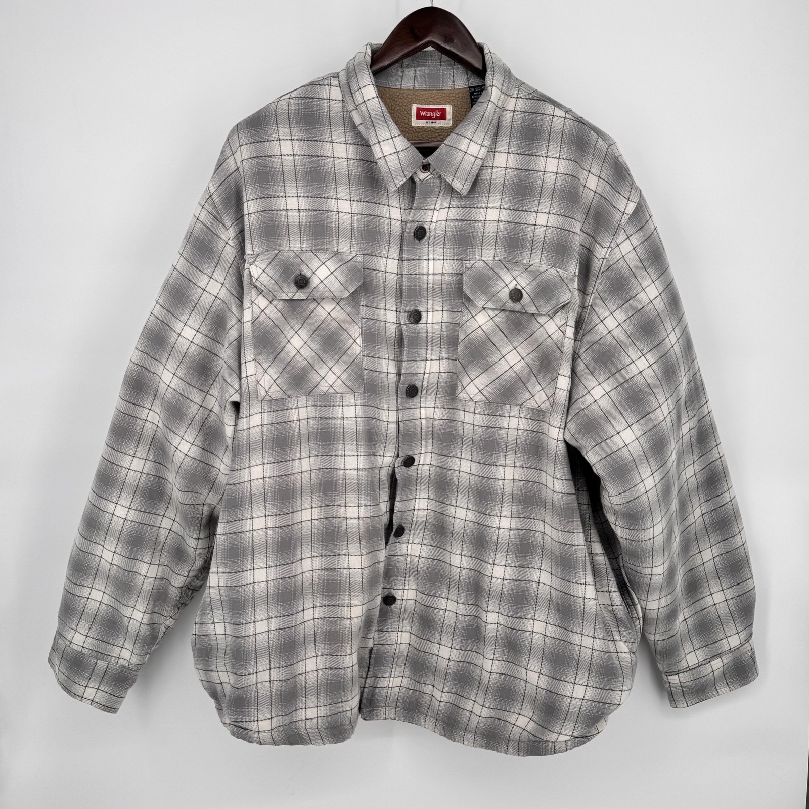 Wrangler Shirt Jacket Mens 2XL Gray Plaid Sherpa Lined Flannel Workwear