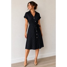 NWT Robbie Bee Windowpane Shirt Dress Tie Waist Black Plaid Size L