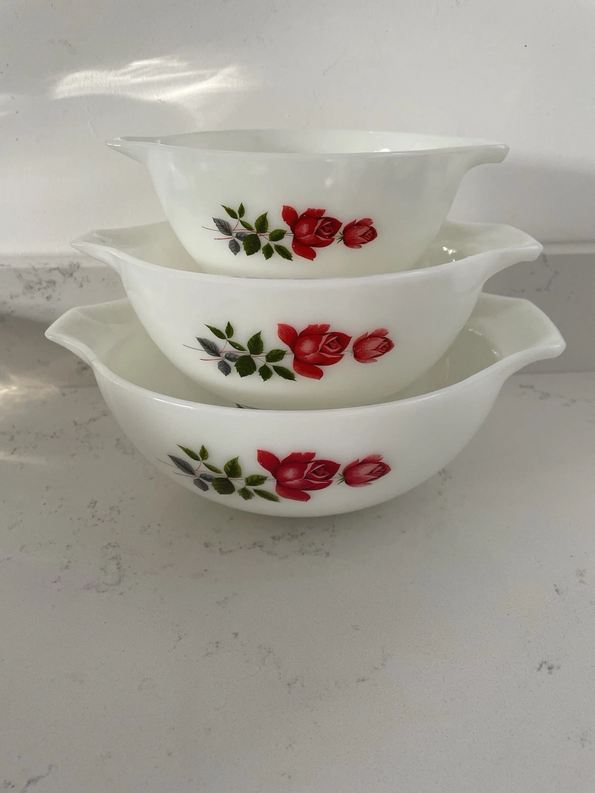 vintage Jaj pyrex set of 3 Cinderella bowls red rose nesting mixing bowls