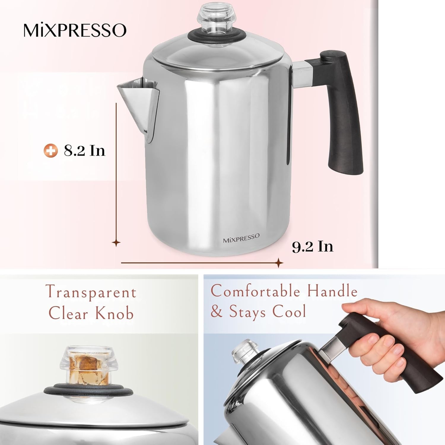 Mixpresso Stainless Steel Coffee Percolator Stovetop, 37oz 