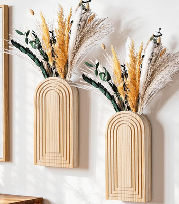 2 Pack Wooden Wall Vases with Dried Pampas Grass and Eucalyptus Plants, Wall Han