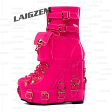Women Ankle Boots Platform High Heels Zip up Shiny Boots Punk Gothic Ladies Shoe