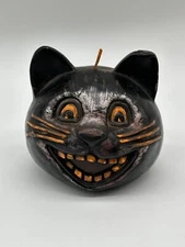 Vintage Bed Bath and Beyond Black Cat Head Halloween Candle 4" x 4" Unburned