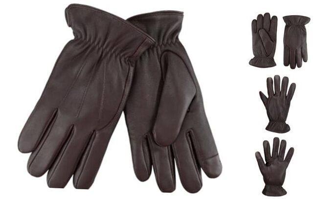 Men's Medium Brown Winter Leather Gloves Touchscreen Compatible Warm Lined