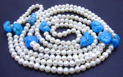 SALE Long 60'' Natural White Round pearl & Baroque Blue Turquoise Necklace-5293 - Picture 3 of 4