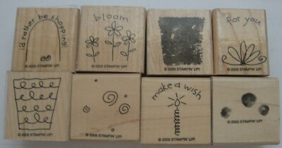 2005 Stampin Up 8 Piece Set Rubber Stamps Wish Bloom Flowers Shopping