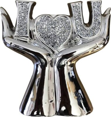 Silber Glitzer Ornament Bling geschliffener Diamant I L U haltende Hand Ornament Geschenk