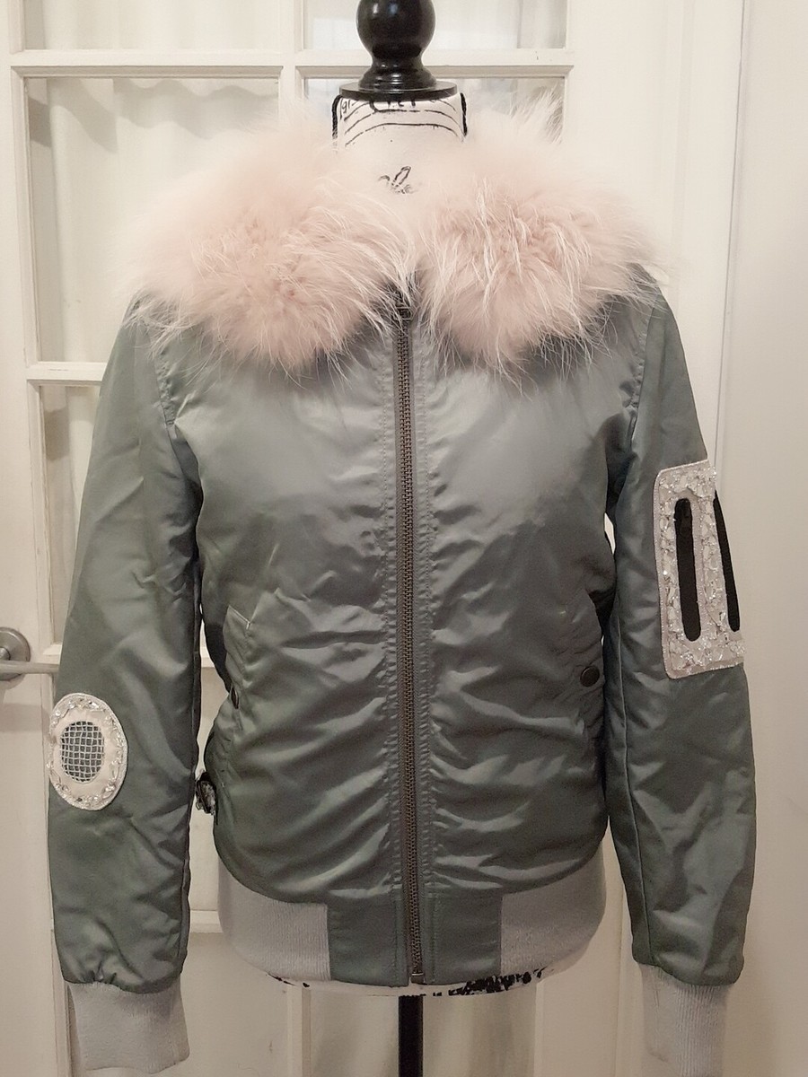 Mr & Mrs Italy Khaki Olive Green Bomber Jacket Coat Pink Fox Fur