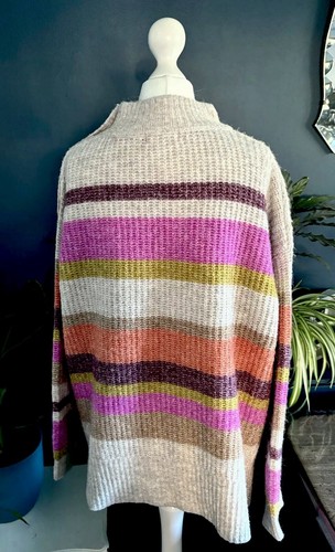 White Stuff Pink Mustard Orange Stripe Wool Blend Knit Jumper Size 16 Button - Picture 6 of 15