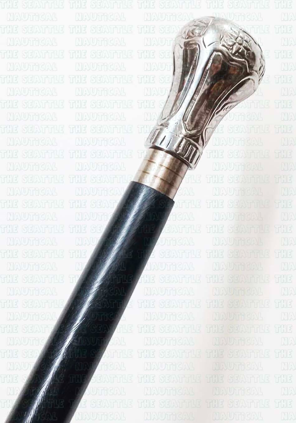 Antique Solid Silver Brass Knob Head Handle Woode… - image 2