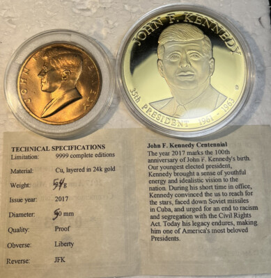 John F Kennedy AMERICAN MINT 24k GOLD LAYERED PROOF 2017 COIN