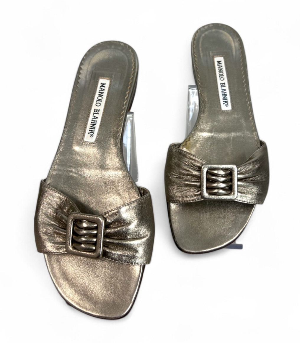 Manolo Blahnik Silver Bronze Metallic Slides with Buckle Detail