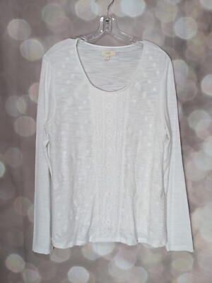 Cupio Women's White Lace & Embroidered Accent  Long Sleeve Shirt M