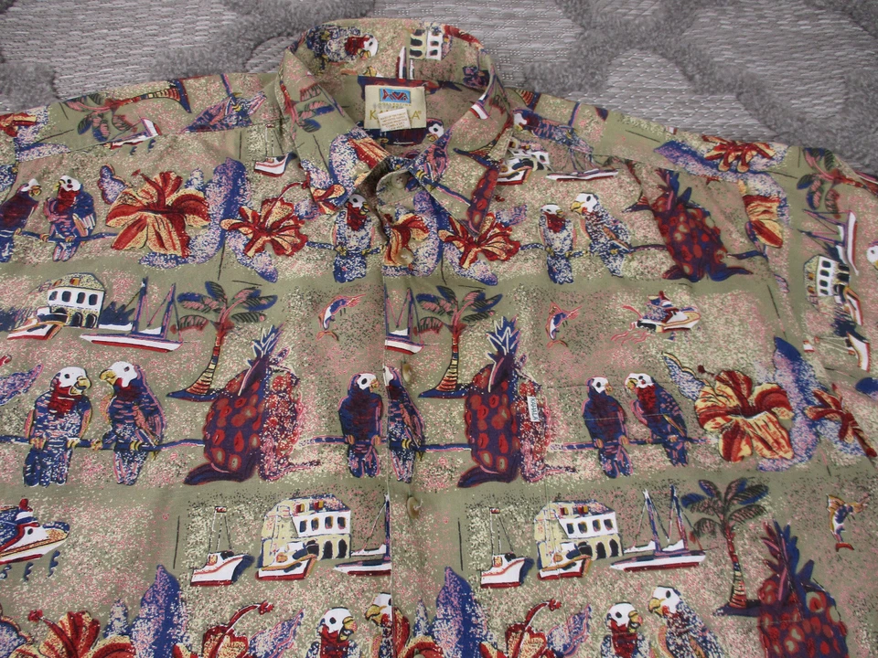 Kahala 男式夏威夷衬衫绿色 XL 码花卉菠萝鹦鹉 S/S 美国制造 — 第 2/4 张图片