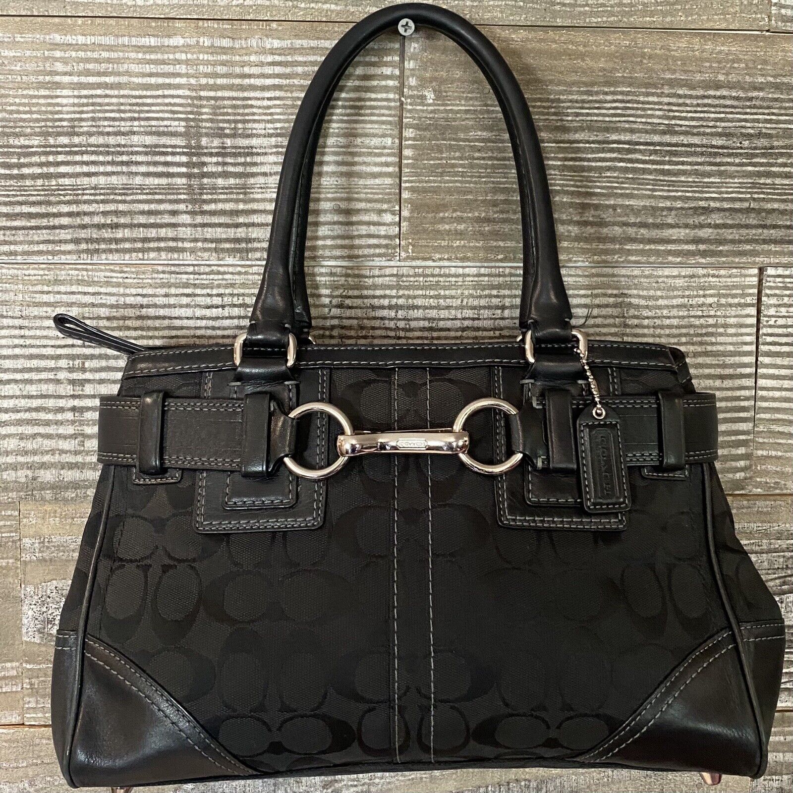 COACH Black Sateen+Leather Signature Logo Handbag M07… - Gem