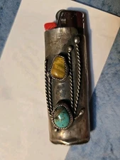 Vtg Native American Turquoise Sterling Silver Lighter Case Cover Holder For Bic
