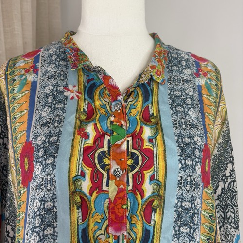 Johnny Was Silk Long Sleeve Top Size M Designer Luxe Colourful Button Up Relaxed - Picture 5 of 11