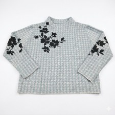 Vintage Womens M Houndstooth Mock Neck Sweater Blue Black Floral Knit Graphic