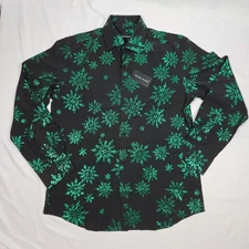 Barry Wang Long Sleeve Christmas Shirt Medium Black with Green Print 20% Silk