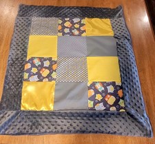 Handmade Baby Blanket Grey's With Yellow Satin, Owl Themed With Minky