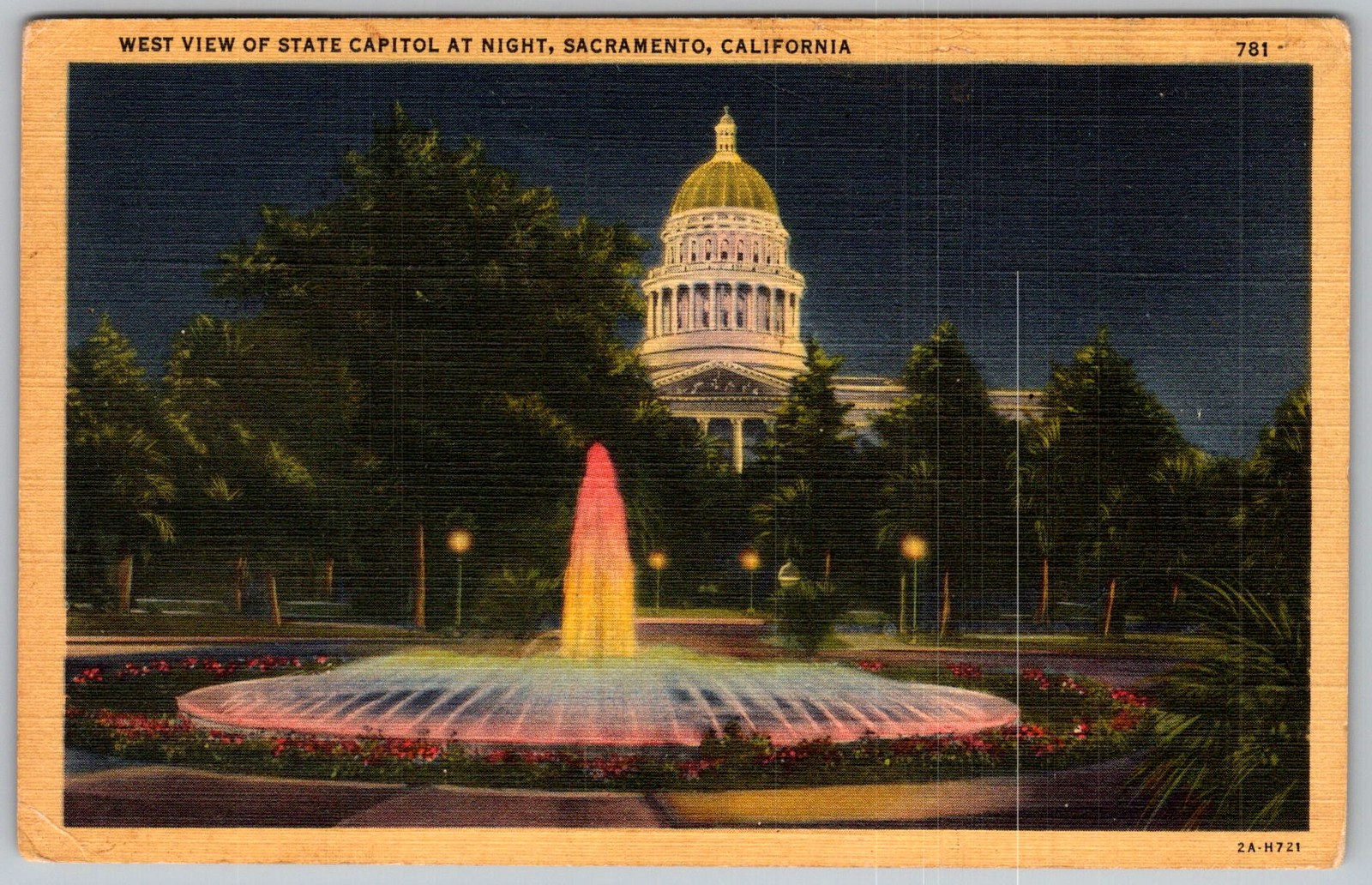 Vtg Linen Postcard State Capitol Night Fountain Sacramento, CA 1930s