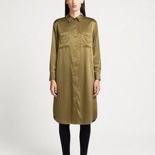 H M Olive Green Satin Button Down Shirt Dress Long Sleeve Pockets M Fairy 86-23