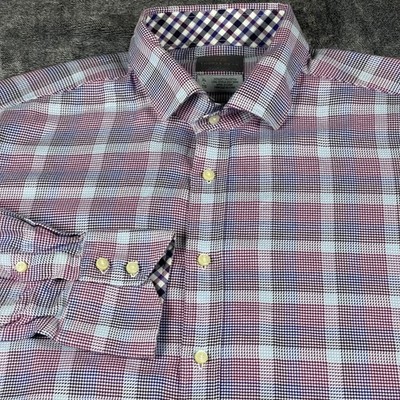 Thomas Dean Mens XL Button Down Shirt Purple Blue Plaid Long Staple Cotton TD